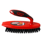 Libman red heavy-duty scrub brush with black bristles and ergonomic handle on white background