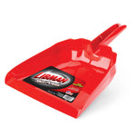 Angled view of a glossy red Libman High Power plastic dustpan showing the handle socket and product label.