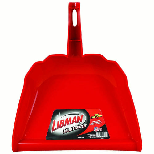 Bright red Libman High Power plastic dustpan with label visible inside the scoop on white background.
