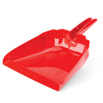 Glossy red Libman High Power plastic dustpan shown on white background from a low angled perspective.