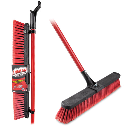 Red Libman High Power push broom with red bristles and steel handle shown packaged and loose
