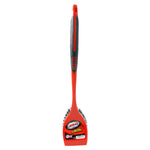 Front view of a red Libman long-handled scrub brush showing label and bristles