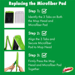 Instructional graphic demonstrating three steps to replace the microfiber pad on the Libman Rinse 'n Wring mop head