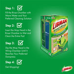 Green instructional graphic showing four steps for using the Libman Rinse 'n Wring flat mop system with product image