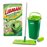 Green Libman rinse 'n wring mop system with bucket, mop head, handle and product box on white background