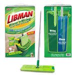 Front and back views of Libman Rinse 'n Wring product box with flat mop and handle displayed in front