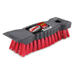Perspective view of a Libman scrub brush showing black ribbed handle and dense red bristles
