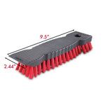 Libman scrub brush with dimensions callout showing black handle and red bristles in a studio image