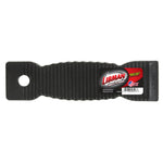 Top-down view of a Libman black resin handle showing product label and hanging hole on a scrub brush