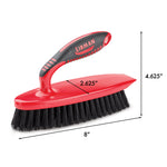 Libman red scrub brush with dimensions callouts showing length, width, and height measurements