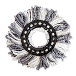 Top-down studio image of Libman spin mop refill showing circular black hub and alternating gray and white microfiber strands
