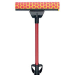 Full red-handled sponge mop with yellow-and-pink patterned sponge head and black plastic holder on white background