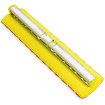 Close-up of a yellow sponge mop refill with white plastic clip attachment, angled on white background