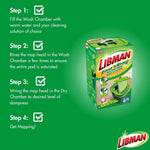 Step-by-step usage instructions with checklist and small product box image for the Libman rinse 'n wring mop system