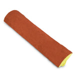 Rolled brown suede-like cover over a yellow sponge refill, photographed on white background