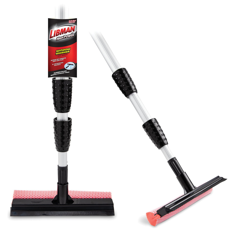 Libman branded telescopic window washer showing squeegee and red-mesh sponge head with black rubber blade on white background.