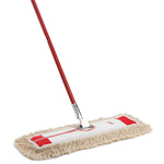 Three-quarter view of Libman commercial dust mop showing red steel handle attached to the 24-inch cotton mop head.