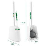 Studio product shot of Libman toilet brush and plunger set with dimensions annotated beside two views