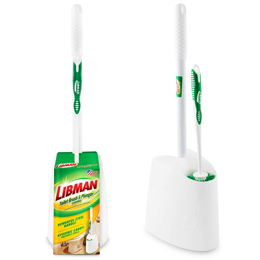 White and green Libman toilet brush and plunger set in a white freestanding caddy with retail sleeve