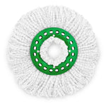 Top-down view of a white microfiber round mop head with a green circular plastic center for a spin mop.