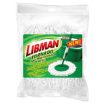 Clear retail bag containing a Libman Tornado microfiber mop refill with a green branded label on the front.