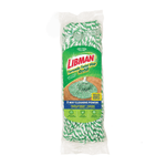 Front view of packaged Libman Tornado Twist mop refill in clear wrapper with green product label and visible twisted mop yarn