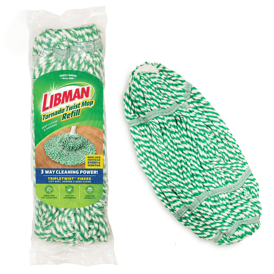 Packaged Libman Tornado Twist mop refill in clear plastic, green-and-white twisted cotton mop head visible with product label