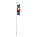 Tall, vertical product shot of a red-handled Libman broom with grey bristles and retail hanger label attached.
