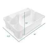 White plastic Libman deluxe maid caddy shown empty with dimensional measurement lines indicating 16 x 11.5 x 7.5 inches