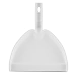White plastic dustpan shown from above with integrated handle and smooth scoop edge on white background