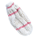 Loose white twisted yarn mop refill with red stitched bands photographed on a white background