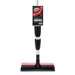 Rear label view of a Libman telescopic window washer showing product tag, textured black grips, and red-mesh sponge head.