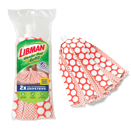 Libman Wonder Mop refill package shown beside an unassembled red-and-white patterned mop head