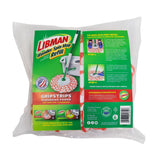 Rear of packaged Libman Wonder Spin Mop refill showing instructions, icons and product imagery
