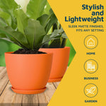Two matte orange plastic planters on a wooden surface with green foliage and a yellow feature panel reading 'Stylish and Lightweight'.