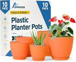 LIFEMASTER boxed 10-pack of matte orange plastic planter pots with matching saucers, shown with potted plants.