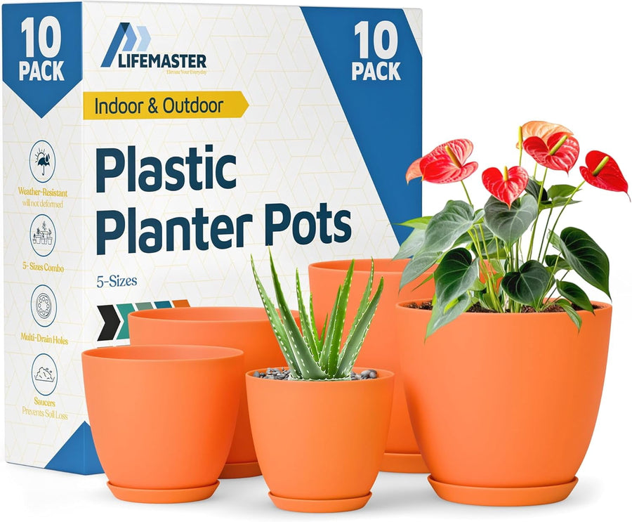 LIFEMASTER boxed 10-pack of matte orange plastic planter pots with matching saucers, shown with potted plants.
