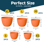 Sizing infographic showing five orange plastic planter silhouettes with measurements and piece counts for each size.