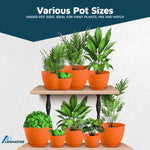 Assortment of orange plastic planter pots in varied sizes displayed on shelving with green plants and a 'Various Pot Sizes' heading.