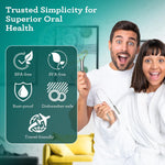 Lifestyle-style graphic with smiling adults holding tongue scrapers and icons listing features like BPA-free, rust-proof, dishwasher-safe.