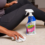 Person wiping a carpet beside an OdoBan Pet Oxy Stain Remover spray bottle in a lifestyle cleaning scene