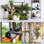 Three-panel lifestyle collage: indoor potted plants, a person using an orange lawn mower, and residential copper plumbing pipes.