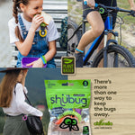 Four-scene collage showing kids eating, biking, walking and a central Shubug pouch with 'plant based' badge and product text.