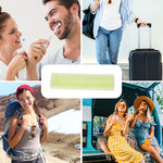 Composite lifestyle collage showing people in travel and outdoor scenes with a central image of a lime-green toothbrush travel case.