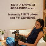 Lifestyle image with person and dog on couch and text claiming up to 7 days of long-lasting scent.