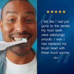 Person using an electric toothbrush in a lifestyle image alongside a quoted customer review and five‑star graphic.