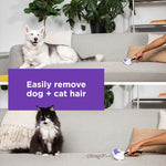 Person using a BLACK+DECKER pet hair remover on a gray sofa with dog and cat shown in split lifestyle image