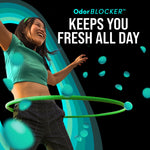 Lifestyle graphic of person hula-hooping with teal scent beads and headline ‘Keeps You Fresh All Day’