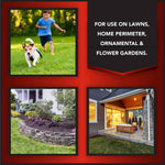 Three lifestyle photos and text panel showing lawn, home perimeter and garden use for the product.