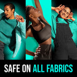 Three vertically arranged lifestyle shots of diverse people enjoying freshly scented clothing with bold teal accents